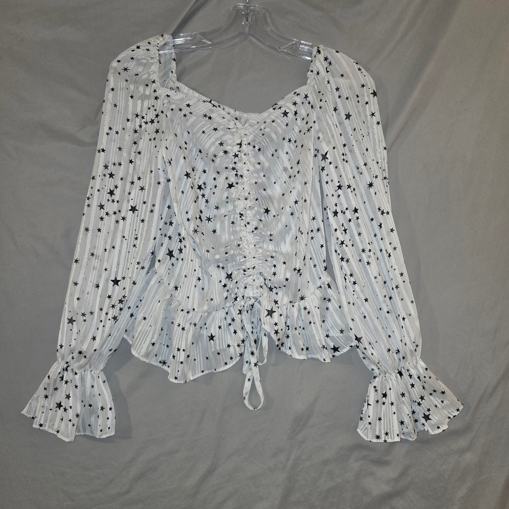 Nasty Gal Star Print Ruched Blouse Size 2 Womens White Metallic Celestial Top